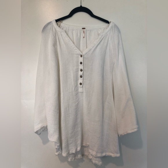 Free People White Cotton Caftan Henley Long Sleeve Beach Cover Up XS S M - Picture 6 of 8